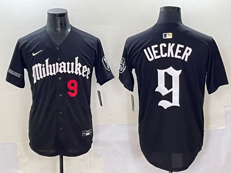 Men 2025 Milwaukee Brewers #9 Uecker Black Five generations Joint Name Nike MLB Jersey style 10